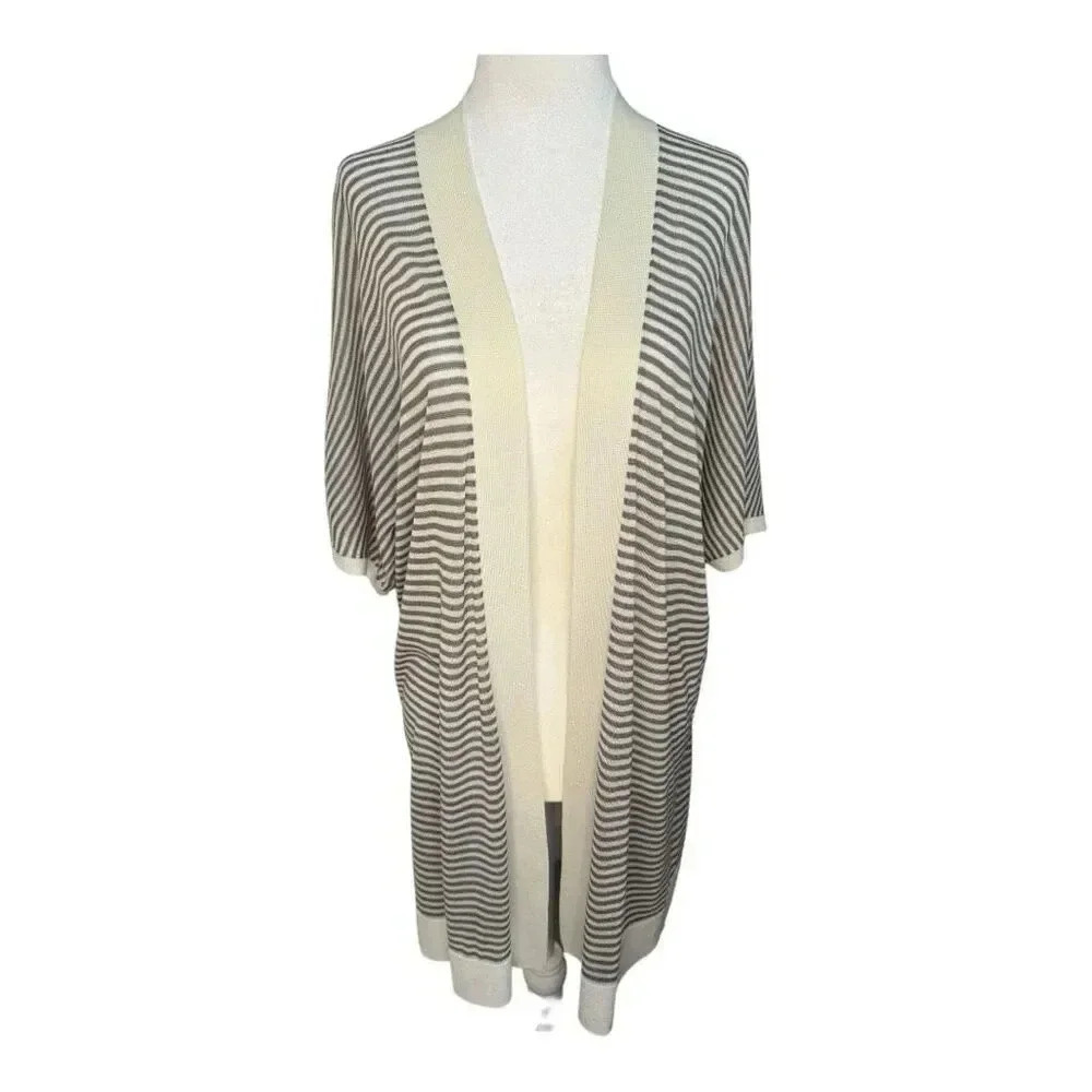 LOFT Women's Striped Short Sleeve Open Cardigan Sweater Petite L/XL Multicolor
